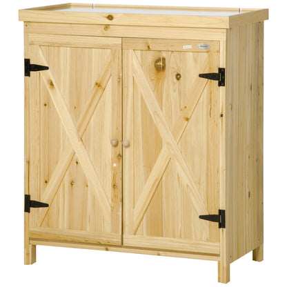 Garden Cabinet, Garden Storage Cabinet, with galvanized metal worktop double door shelf with handle solid wood raised feet 80 x 45 x 92 cm natural wood
