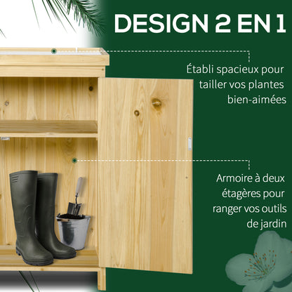 Garden Cabinet, Garden Storage Cabinet, with galvanized metal worktop double door shelf with handle solid wood raised feet 80 x 45 x 92 cm natural wood