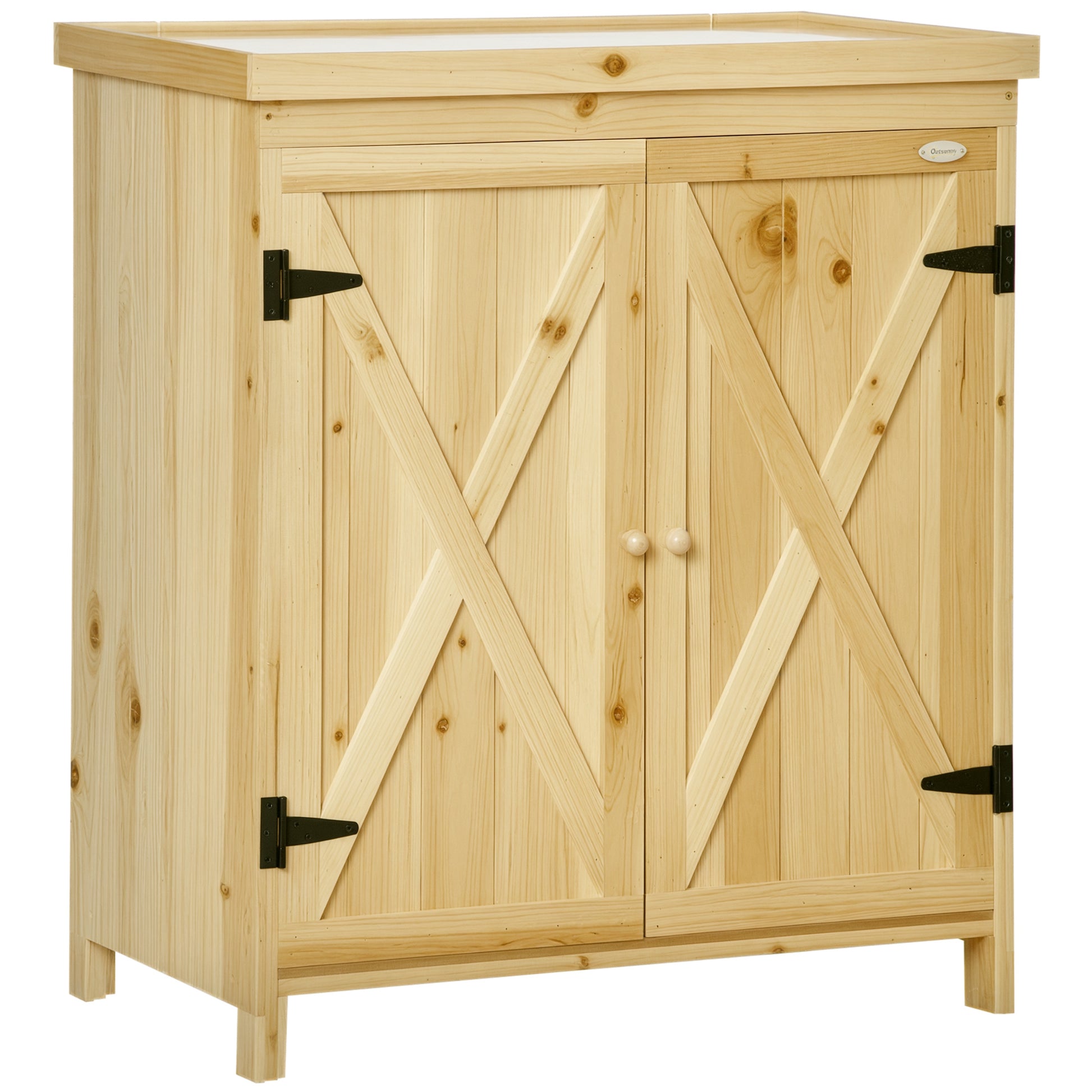 Garden Cabinet, Garden Storage Cabinet, with galvanized metal worktop double door shelf with handle solid wood raised feet 80 x 45 x 92 cm natural wood