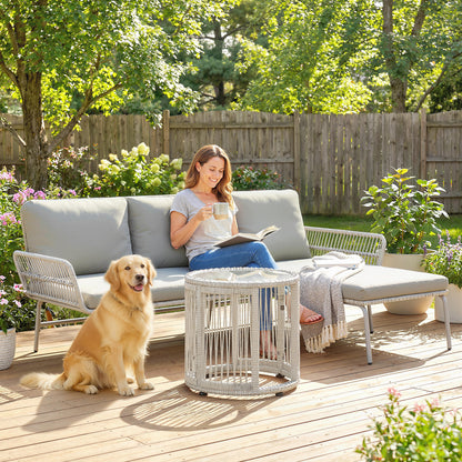 3-Piece PE Rattan Outdoor Lounge Set — 2-Seater Sofa with Chaise & Glass Coffee Table, Removable Cushions, Seats 3 (Light Gray)