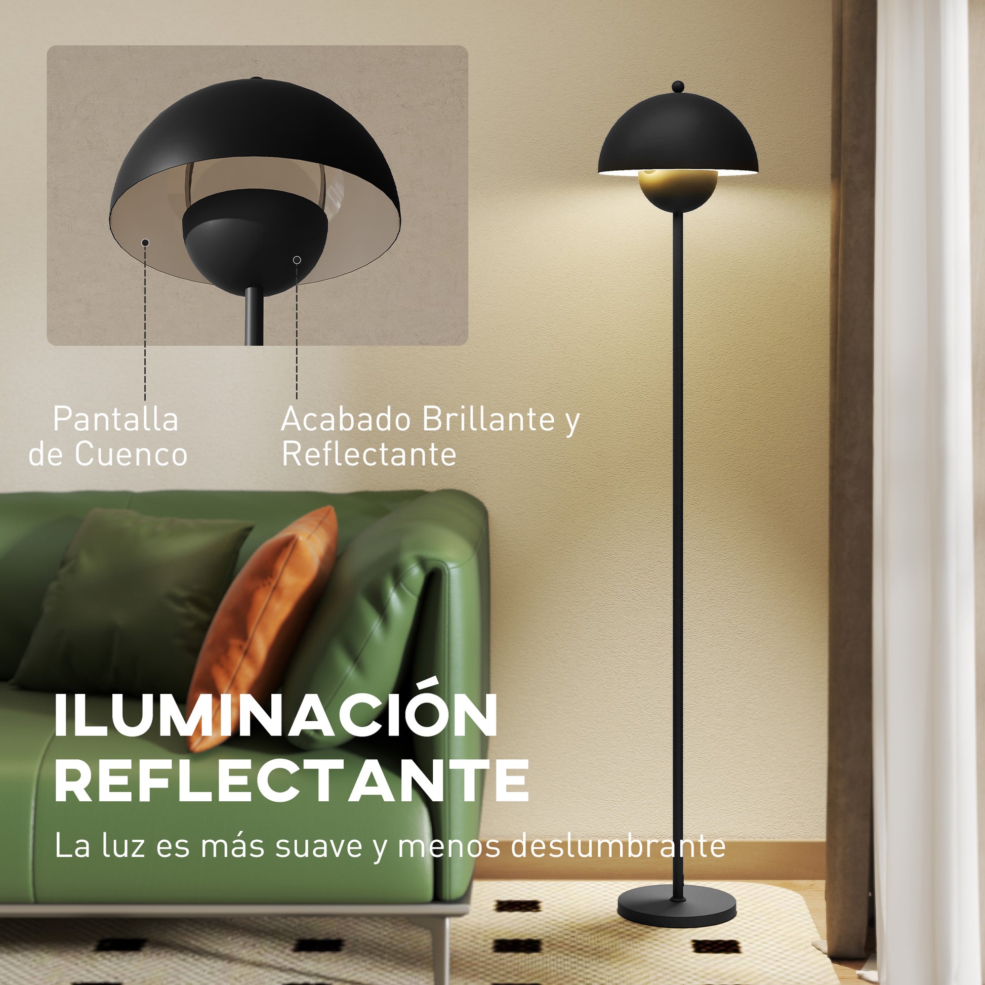 Modern 155 cm Floor Lamp Floor Lamp with Bowl-shaped Shade Reflecting Light Foot Switch E27 Socket Bulb not Included for Bedroom Office Living Room Black