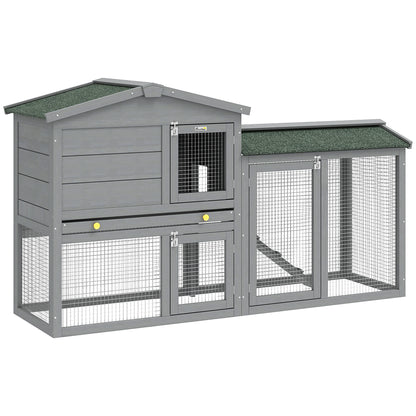 2-Level Wooden Rabbit Hutch, Large Outdoor Cage with Asphalt Roof, Removable Tray & Ramp — For Rabbits, Guinea Pigs & Hamsters, 150 x 45 x 85 cm (59.1 x 17.7 x 33.5 in), Gray