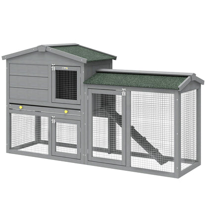 2-Level Wooden Rabbit Hutch, Large Outdoor Cage with Asphalt Roof, Removable Tray & Ramp — For Rabbits, Guinea Pigs & Hamsters, 150 x 45 x 85 cm (59.1 x 17.7 x 33.5 in), Gray