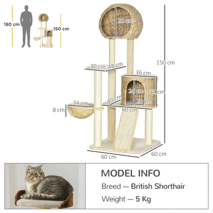 Cat Tree, 150 cm, Cat Tower with Cat House, Climbing Tree with Hammock, Sisal Pole and Ramp, Cat Scratching Tree, Play Tree with Tipping Protection, Plush, Beige