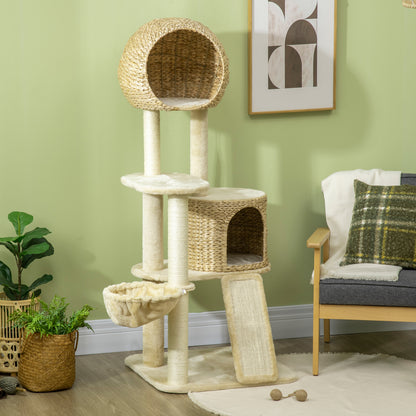 Cat Tree, 150 cm, Cat Tower with Cat House, Climbing Tree with Hammock, Sisal Pole and Ramp, Cat Scratching Tree, Play Tree with Tipping Protection, Plush, Beige
