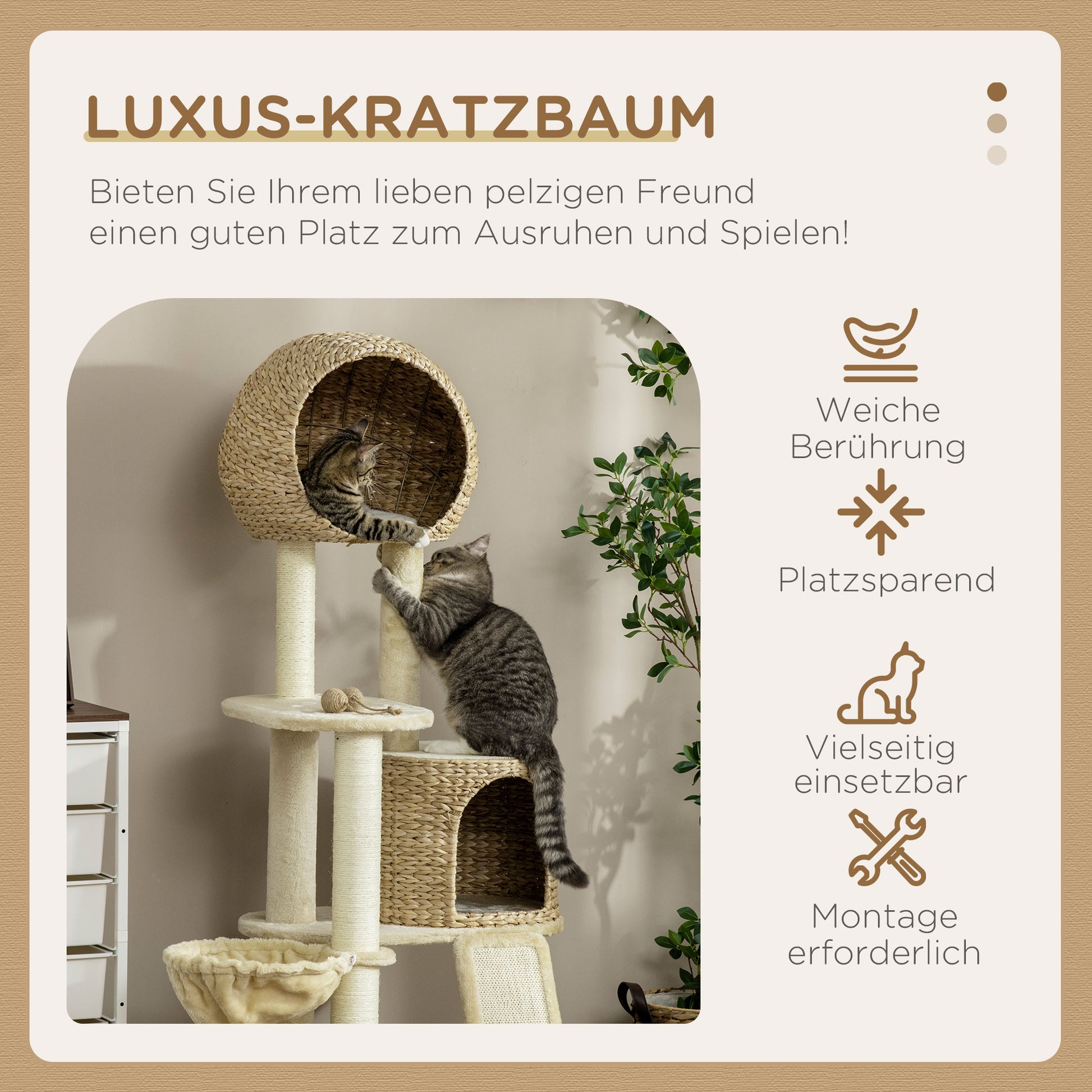 Cat Tree, 150 cm, Cat Tower with Cat House, Climbing Tree with Hammock, Sisal Pole and Ramp, Cat Scratching Tree, Play Tree with Tipping Protection, Plush, Beige