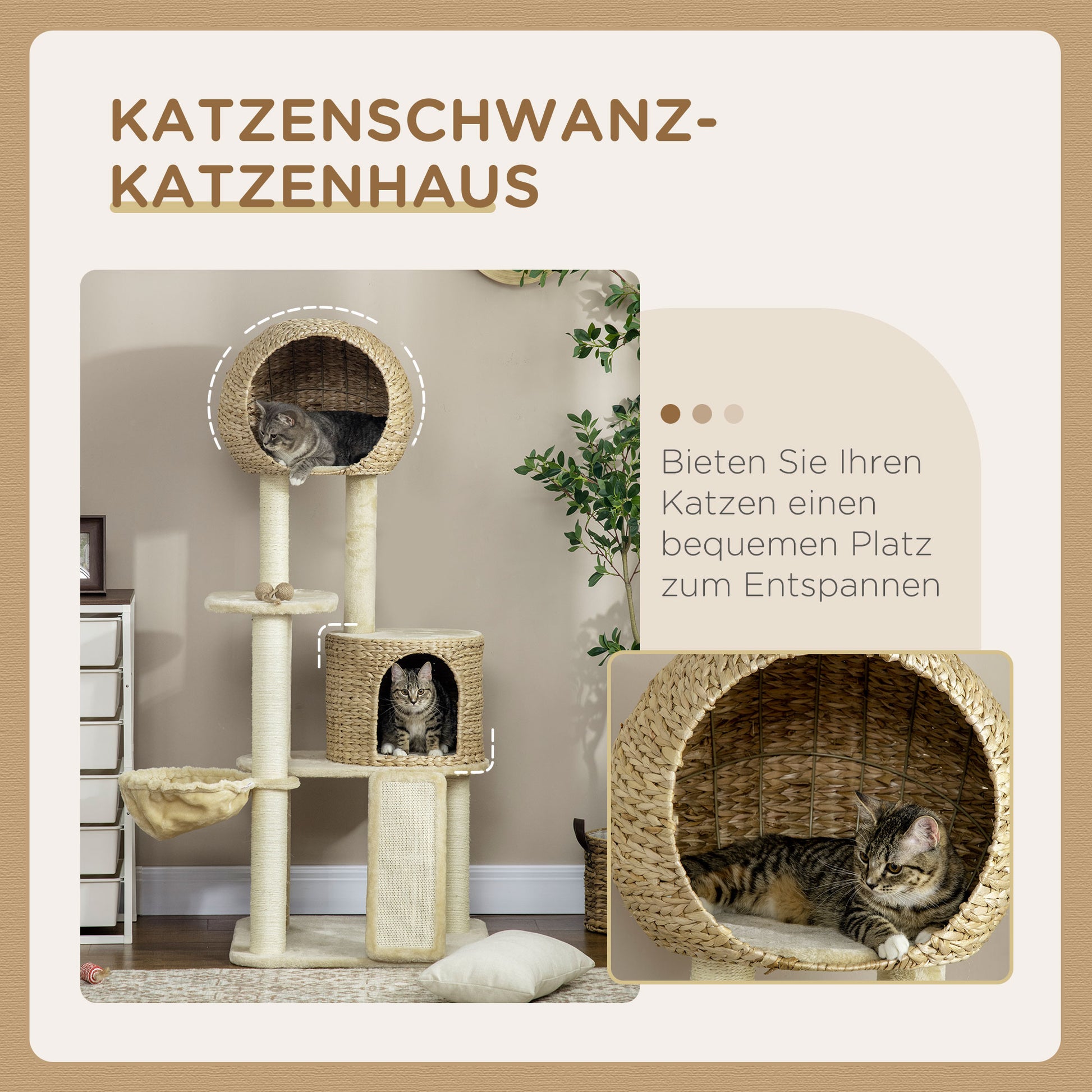 Cat Tree, 150 cm, Cat Tower with Cat House, Climbing Tree with Hammock, Sisal Pole and Ramp, Cat Scratching Tree, Play Tree with Tipping Protection, Plush, Beige