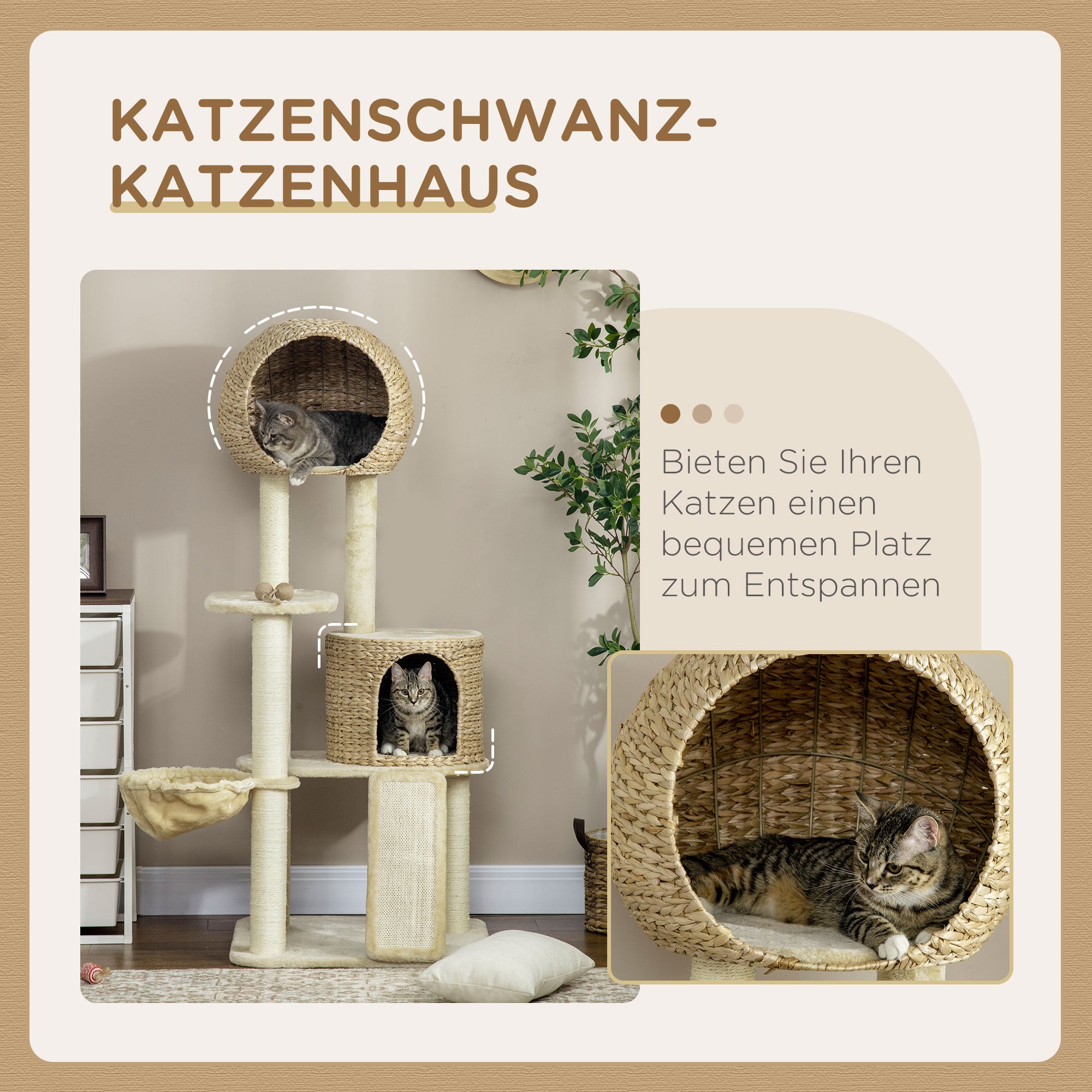 Cat Tree, 150 cm, Cat Tower with Cat House, Climbing Tree with Hammock, Sisal Pole and Ramp, Cat Scratching Tree, Play Tree with Tipping Protection, Plush, Beige
