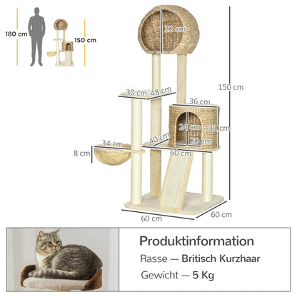 Cat Tree, 150 cm, Cat Tower with Cat House, Climbing Tree with Hammock, Sisal Pole and Ramp, Cat Scratching Tree, Play Tree with Tipping Protection, Plush, Beige