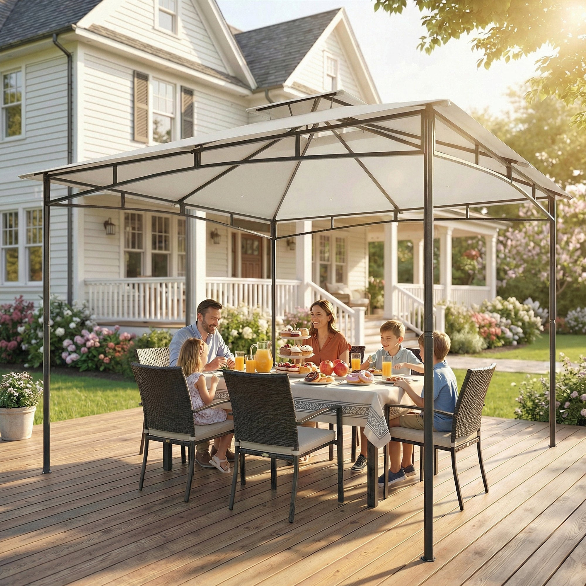 10 ft x 10 ft Waterproof Garden Gazebo — Double Roof, Retractable Top Frame, UPF 50+, Cream White