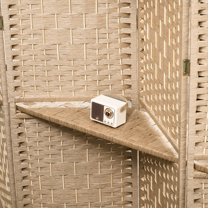 4-Panel Room Divider 63x67 inches with 2 Display Shelves Privacy Screen Folding Partition for Office Bedroom Natural