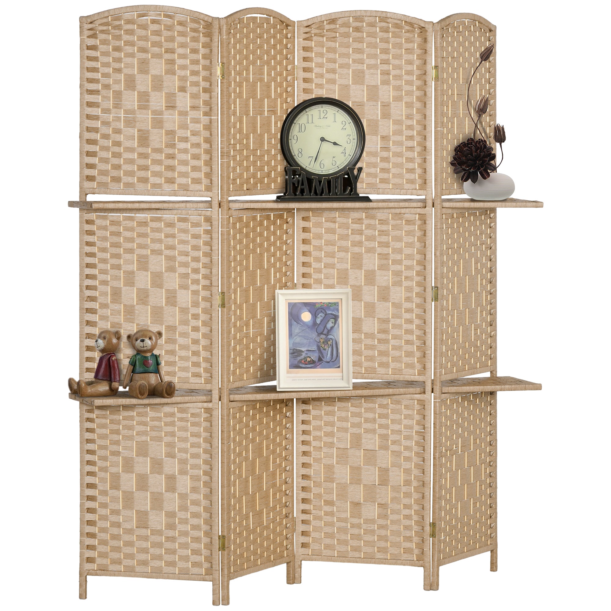 4-Panel Room Divider 63x67 inches with 2 Display Shelves Privacy Screen Folding Partition for Office Bedroom Natural