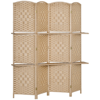4-Panel Room Divider 63x67 inches with 2 Display Shelves Privacy Screen Folding Partition for Office Bedroom Natural