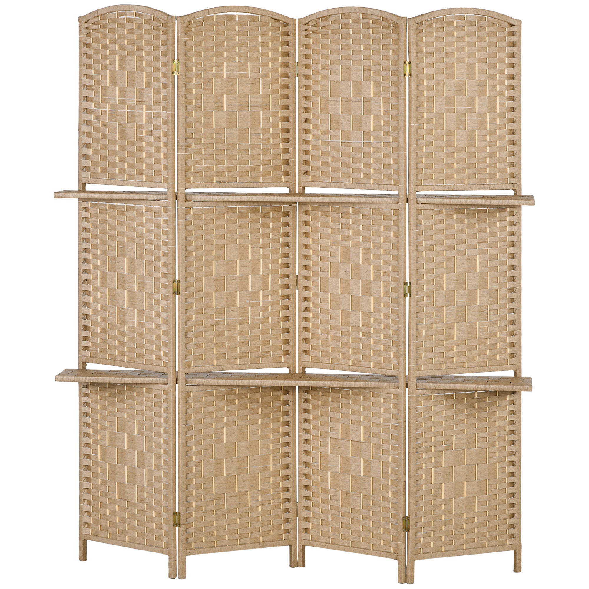 4-Panel Room Divider 63x67 inches with 2 Display Shelves Privacy Screen Folding Partition for Office Bedroom Natural