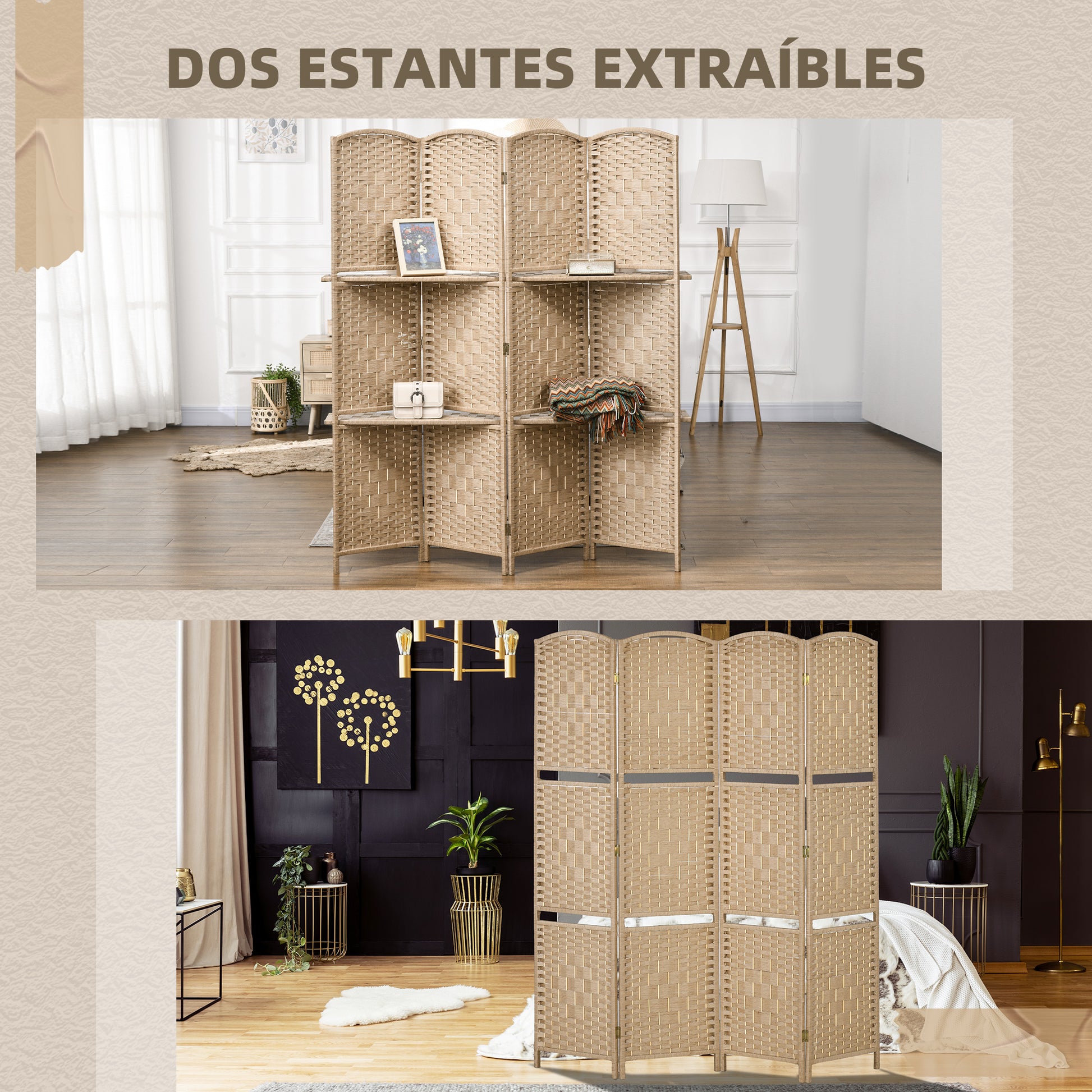 4-Panel Room Divider 63x67 inches with 2 Display Shelves Privacy Screen Folding Partition for Office Bedroom Natural
