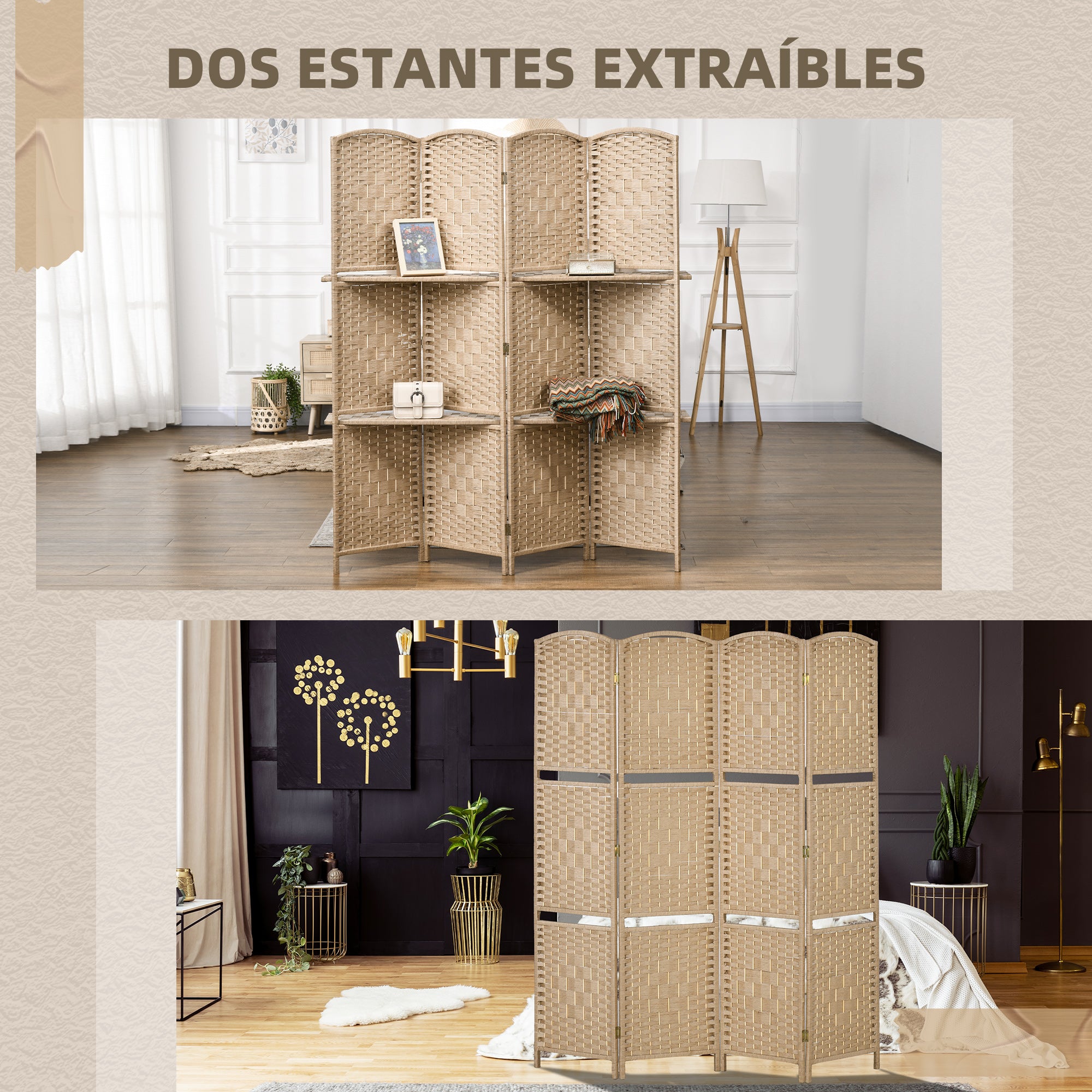 4-Panel Room Divider 63x67 inches with 2 Display Shelves Privacy Screen Folding Partition for Office Bedroom Natural