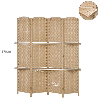 4-Panel Room Divider 63x67 inches with 2 Display Shelves Privacy Screen Folding Partition for Office Bedroom Natural