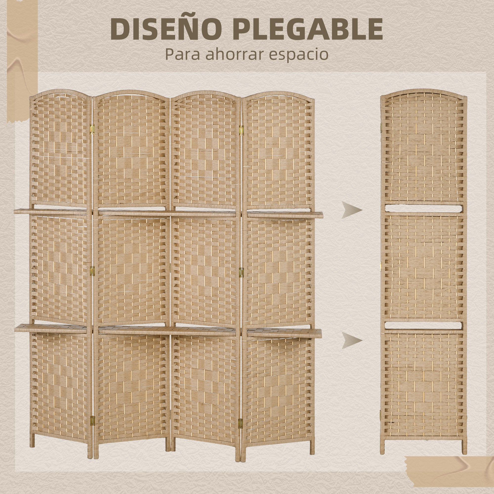 4-Panel Room Divider 63x67 inches with 2 Display Shelves Privacy Screen Folding Partition for Office Bedroom Natural