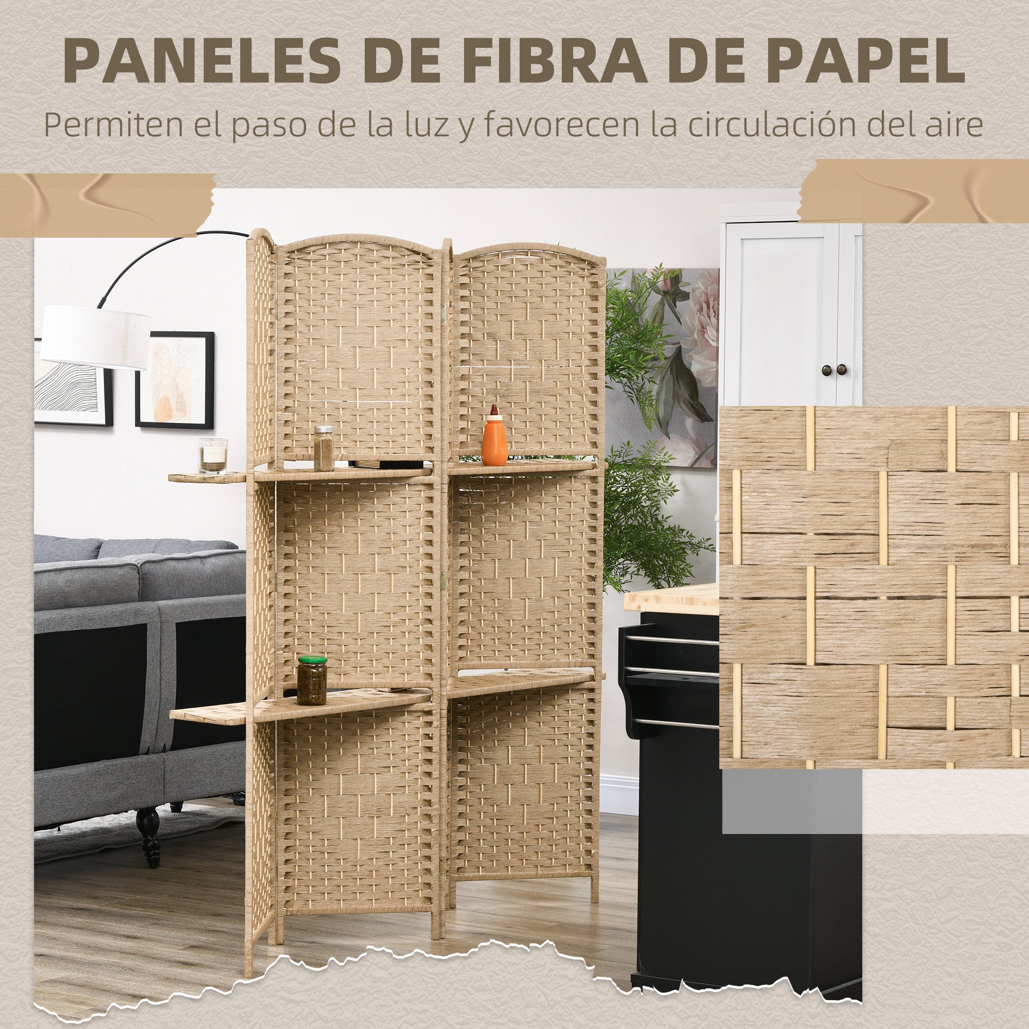 4-Panel Room Divider 63x67 inches with 2 Display Shelves Privacy Screen Folding Partition for Office Bedroom Natural