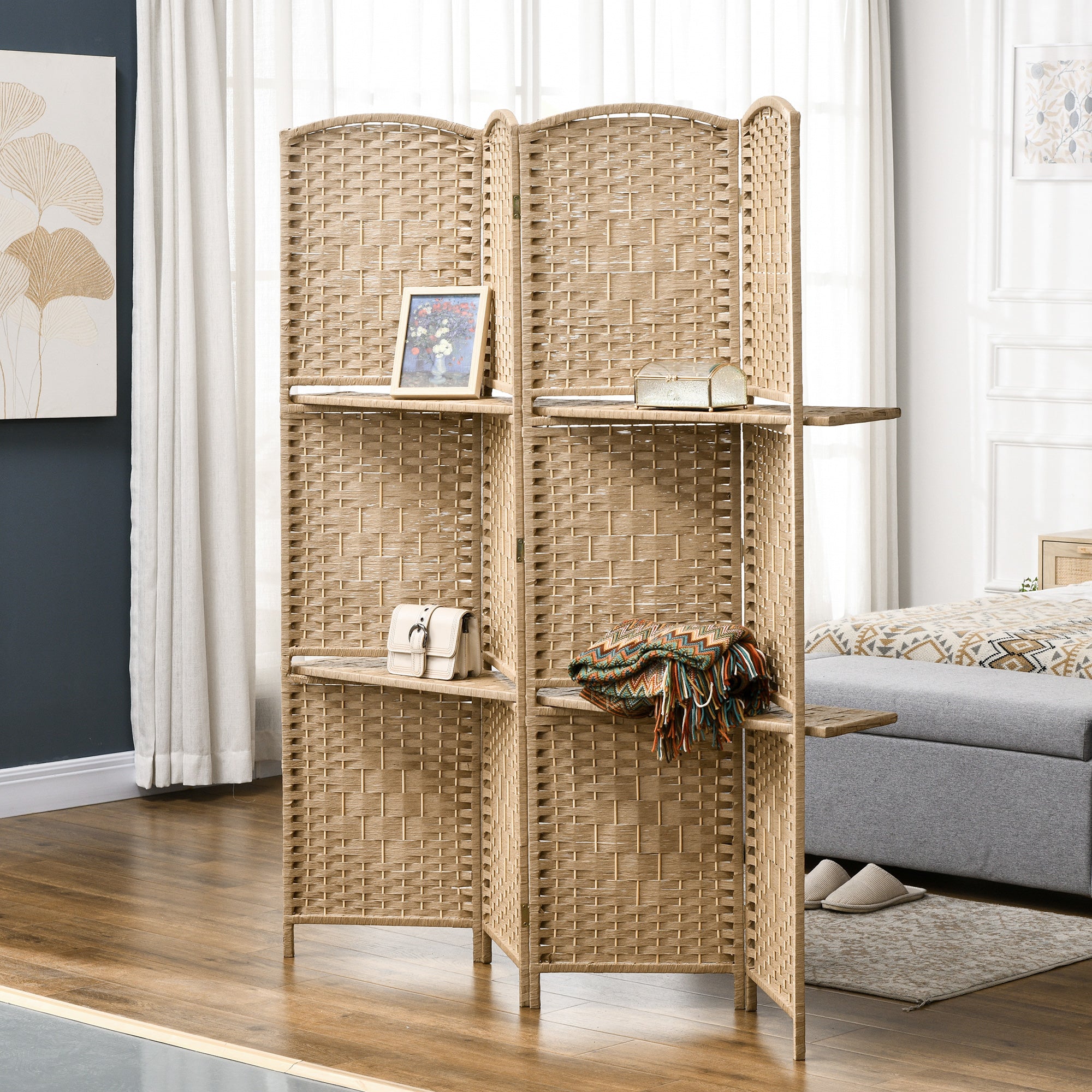 4-Panel Room Divider 63x67 inches with 2 Display Shelves Privacy Screen Folding Partition for Office Bedroom Natural