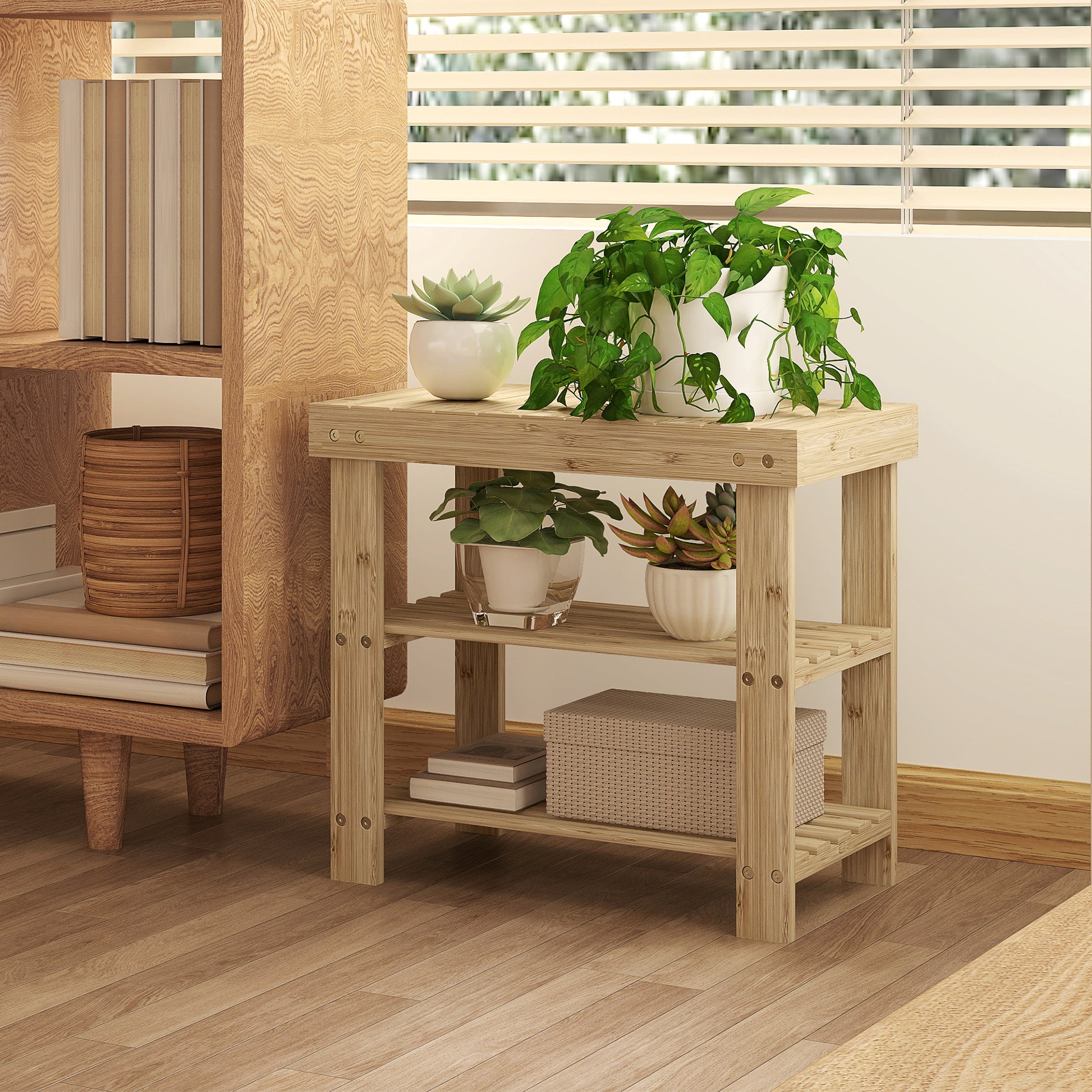 Bamboo Shoe Bench Shoe Rack with Seat Shoe Organizer 3-Layer Shoe Storage for 4 Pairs Shoes for Entryway Living Room Bedroom 50x28x45 cm Natural