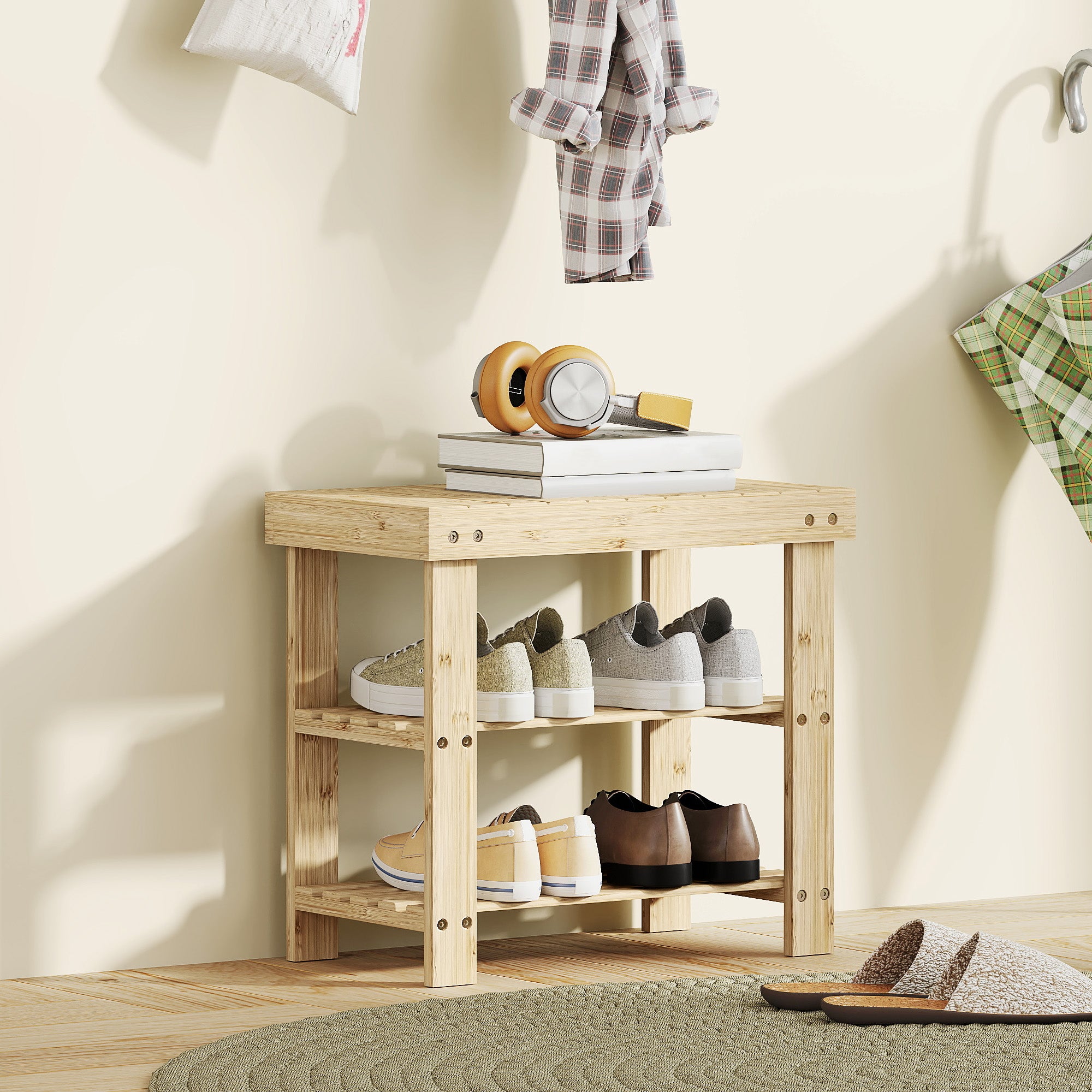 Bamboo Shoe Bench Shoe Rack with Seat Shoe Organizer 3-Layer Shoe Storage for 4 Pairs Shoes for Entryway Living Room Bedroom 50x28x45 cm Natural