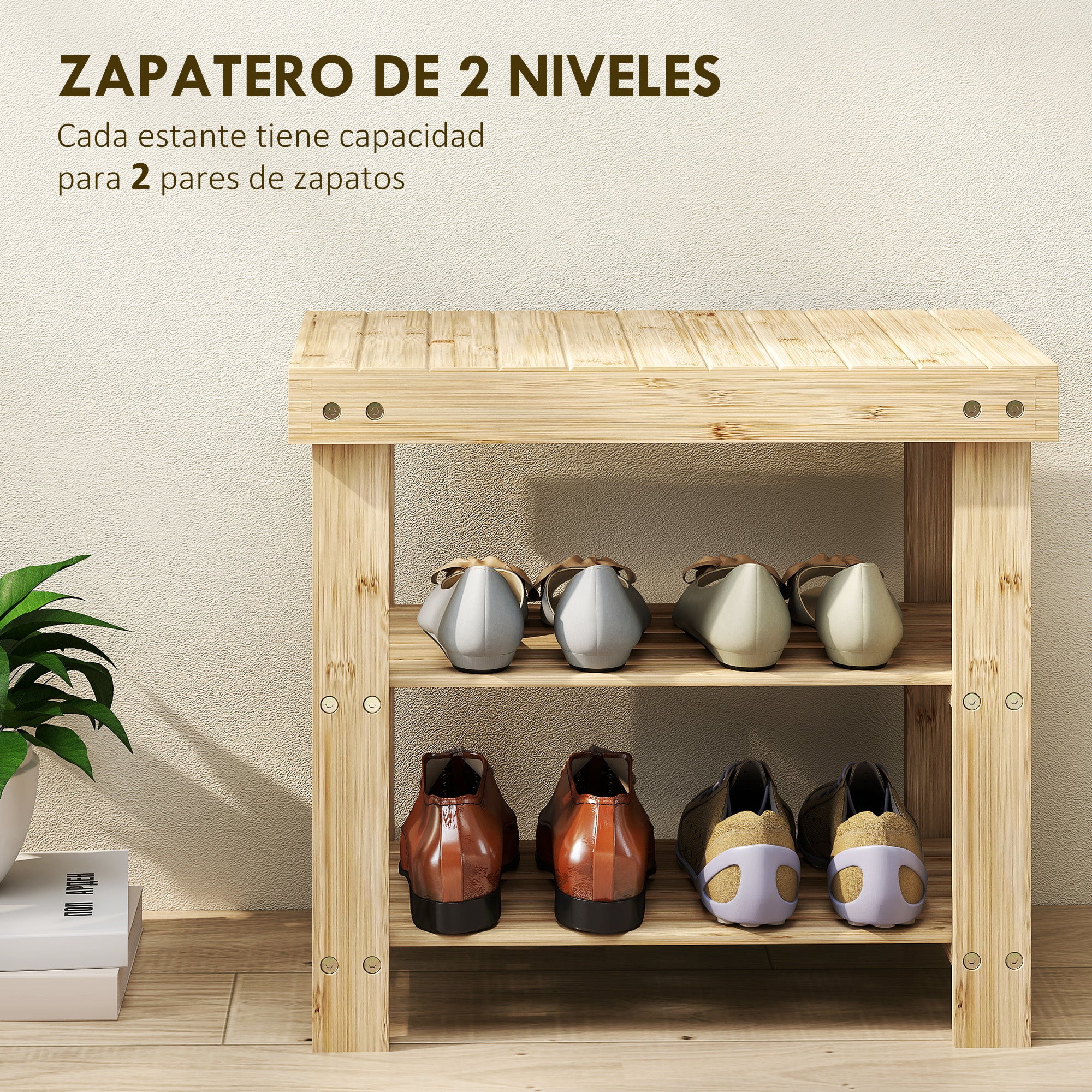 Bamboo Shoe Bench Shoe Rack with Seat Shoe Organizer 3-Layer Shoe Storage for 4 Pairs Shoes for Entryway Living Room Bedroom 50x28x45 cm Natural