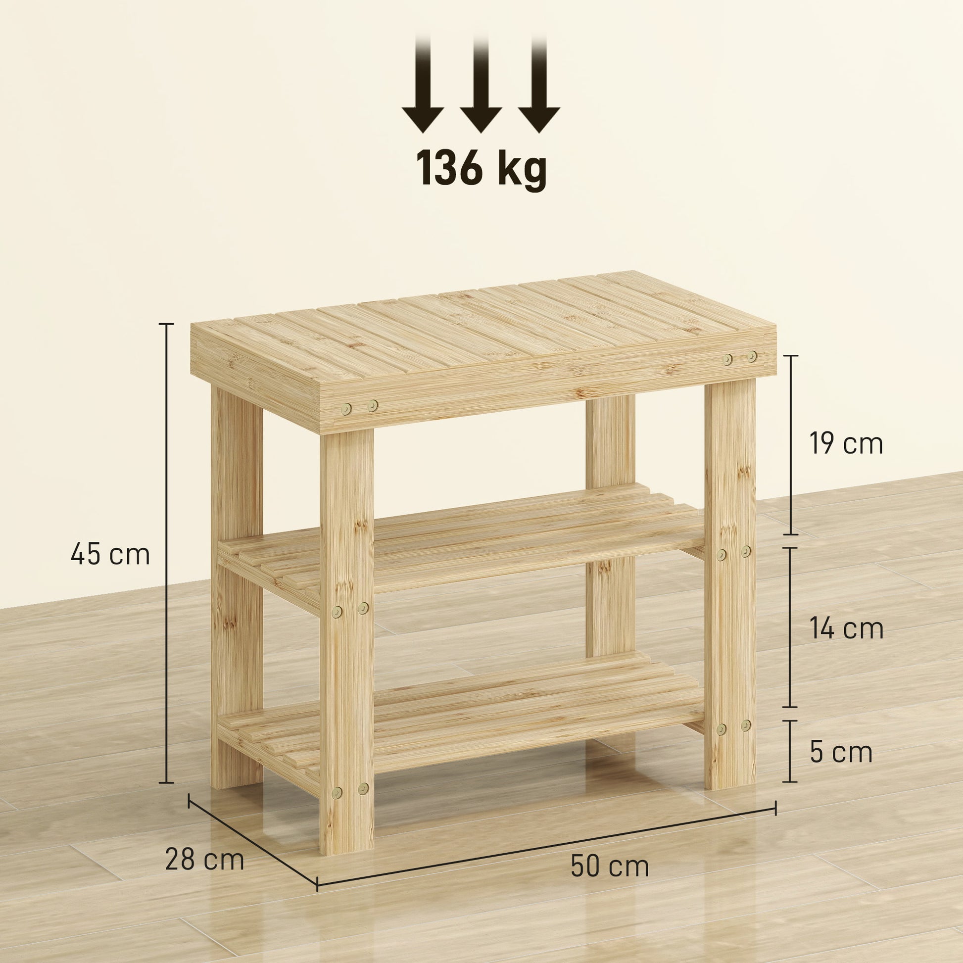 Bamboo Shoe Bench Shoe Rack with Seat Shoe Organizer 3-Layer Shoe Storage for 4 Pairs Shoes for Entryway Living Room Bedroom 50x28x45 cm Natural