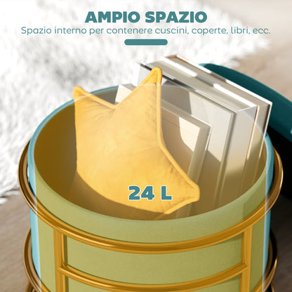 Round Velvet Storage Ottoman, Footrest with 24L Compartment and Removable Lid, for Bedroom and Living Room, Ø42x39 cm, Green