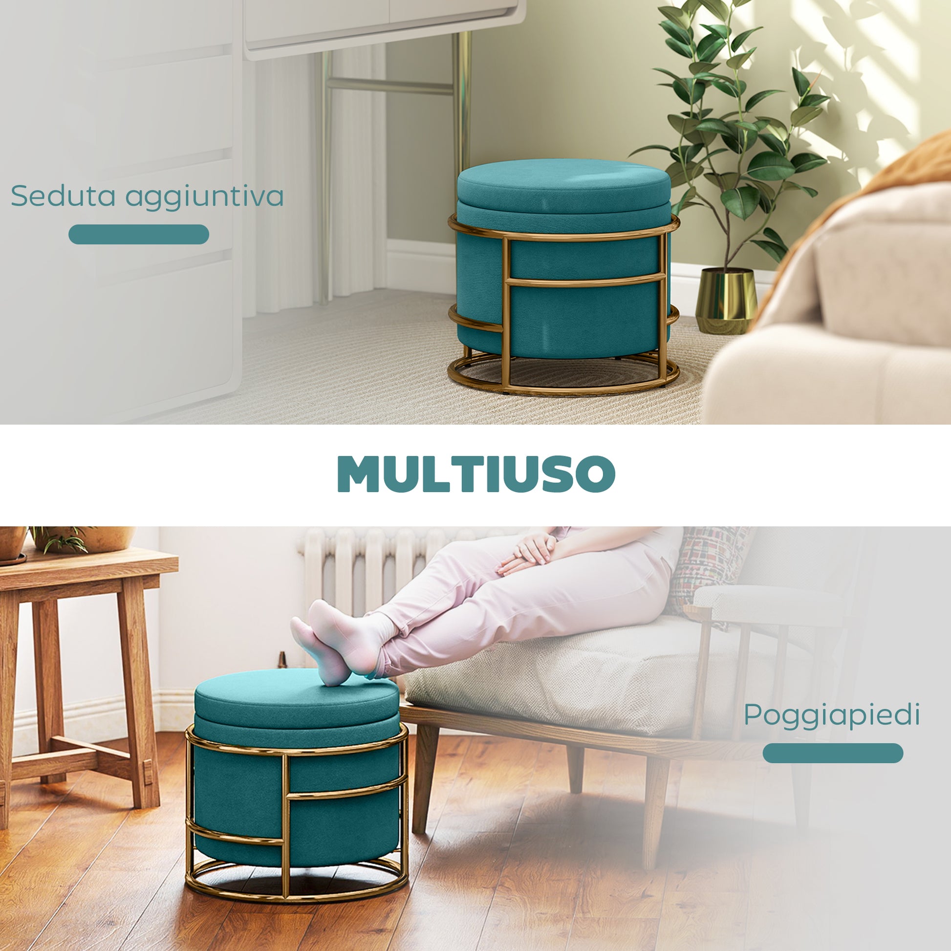 Round Velvet Storage Ottoman, Footrest with 24L Compartment and Removable Lid, for Bedroom and Living Room, Ø42x39 cm, Green