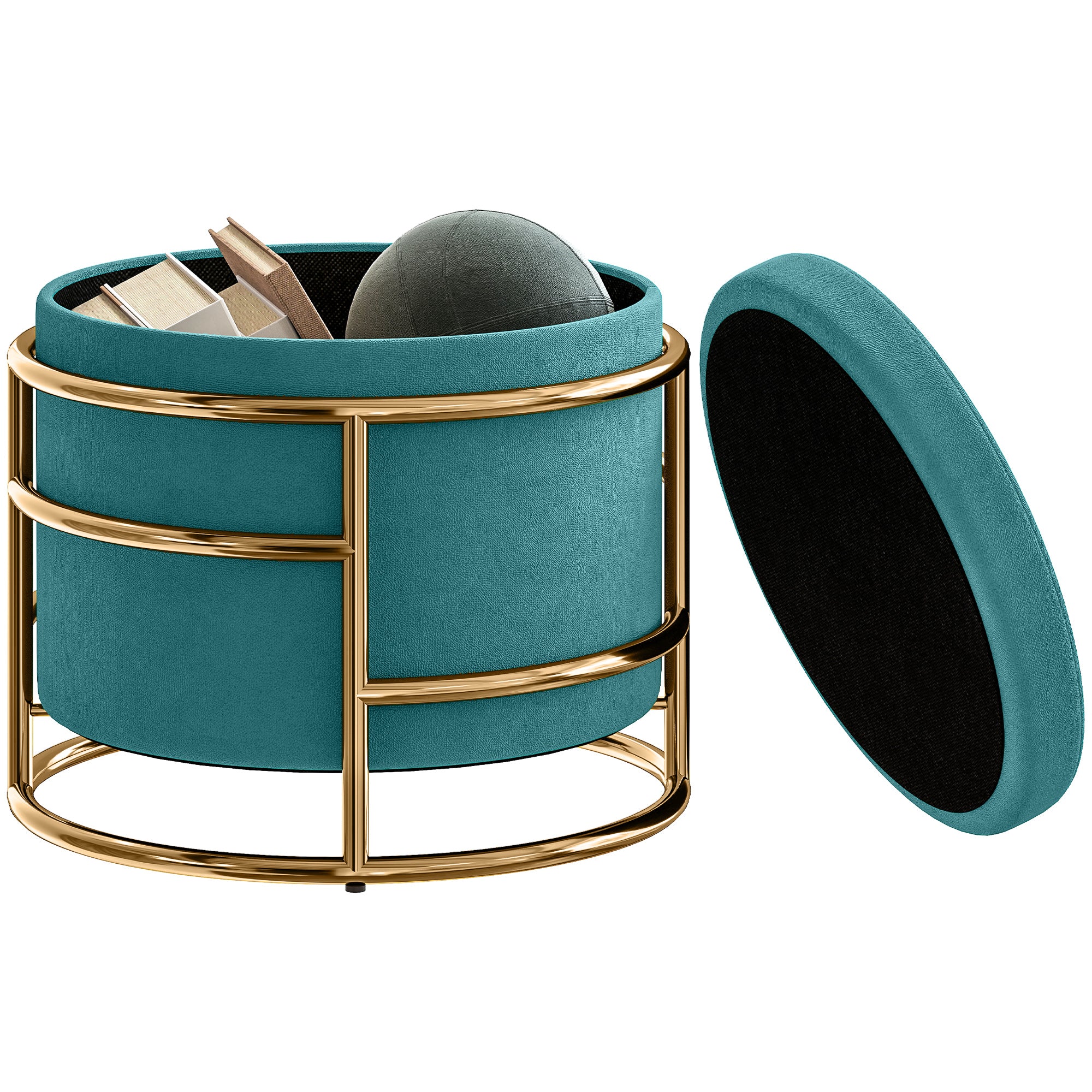 Round Velvet Storage Ottoman, Footrest with 24L Compartment and Removable Lid, for Bedroom and Living Room, Ø42x39 cm, Green