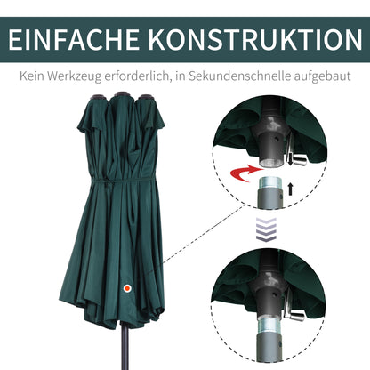 Double Umbrella 455 x 265 cm, UV Protection Sun Umbrella with Crank, Balcony Umbrella Beach Umbrella Windproof Crank Umbrella Sun Protection for Beach Balcony Garden, Dark Green