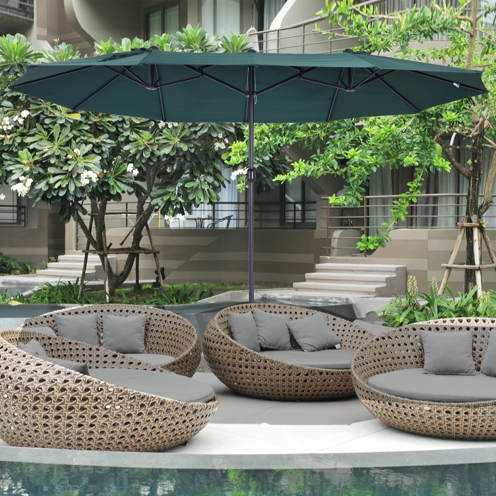 Double Umbrella 455 x 265 cm, UV Protection Sun Umbrella with Crank, Balcony Umbrella Beach Umbrella Windproof Crank Umbrella Sun Protection for Beach Balcony Garden, Dark Green