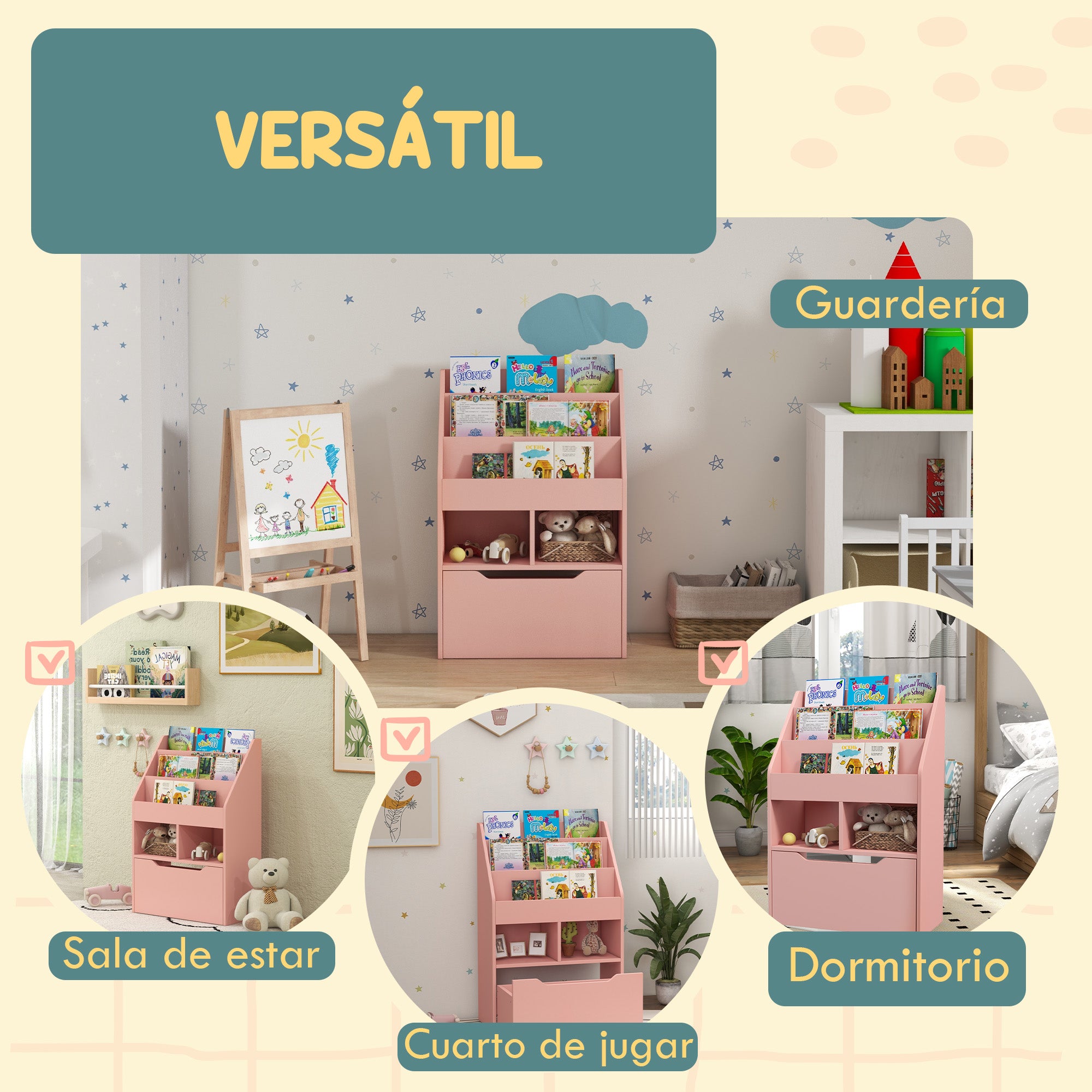 Children's Wooden Shelf with 3 Compartments, 2 Cubes, and Mobile Drawer with 4 Wheels Kids' Bookcase for Children's Room Playroom 23.6x11.8x35.4 inches Pink