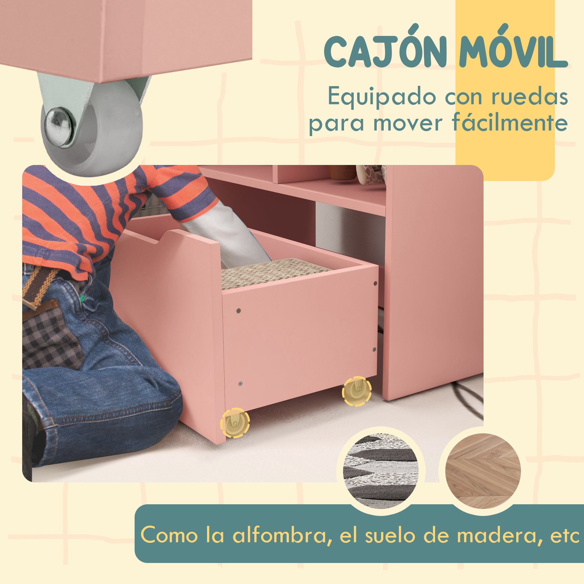 Children's Wooden Shelf with 3 Compartments, 2 Cubes, and Mobile Drawer with 4 Wheels Kids' Bookcase for Children's Room Playroom 23.6x11.8x35.4 inches Pink