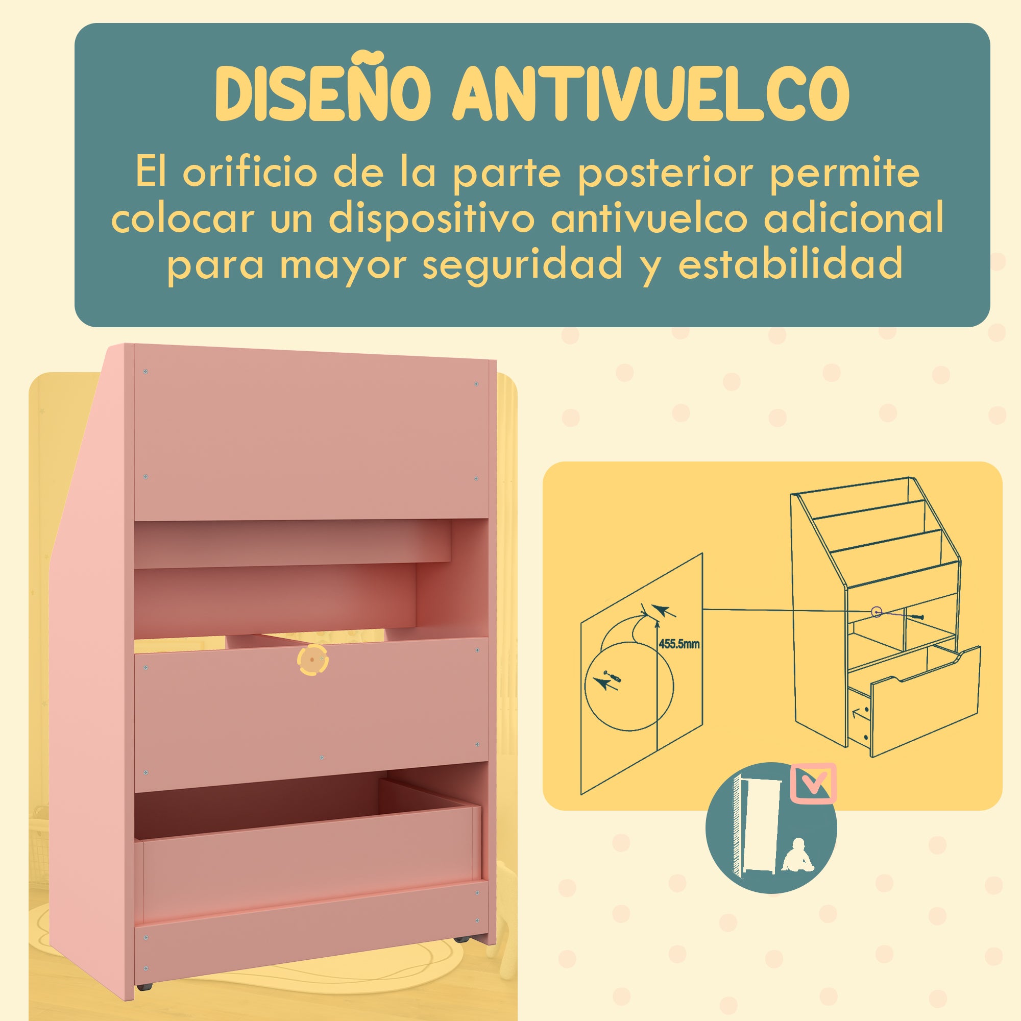 Children's Wooden Shelf with 3 Compartments, 2 Cubes, and Mobile Drawer with 4 Wheels Kids' Bookcase for Children's Room Playroom 23.6x11.8x35.4 inches Pink