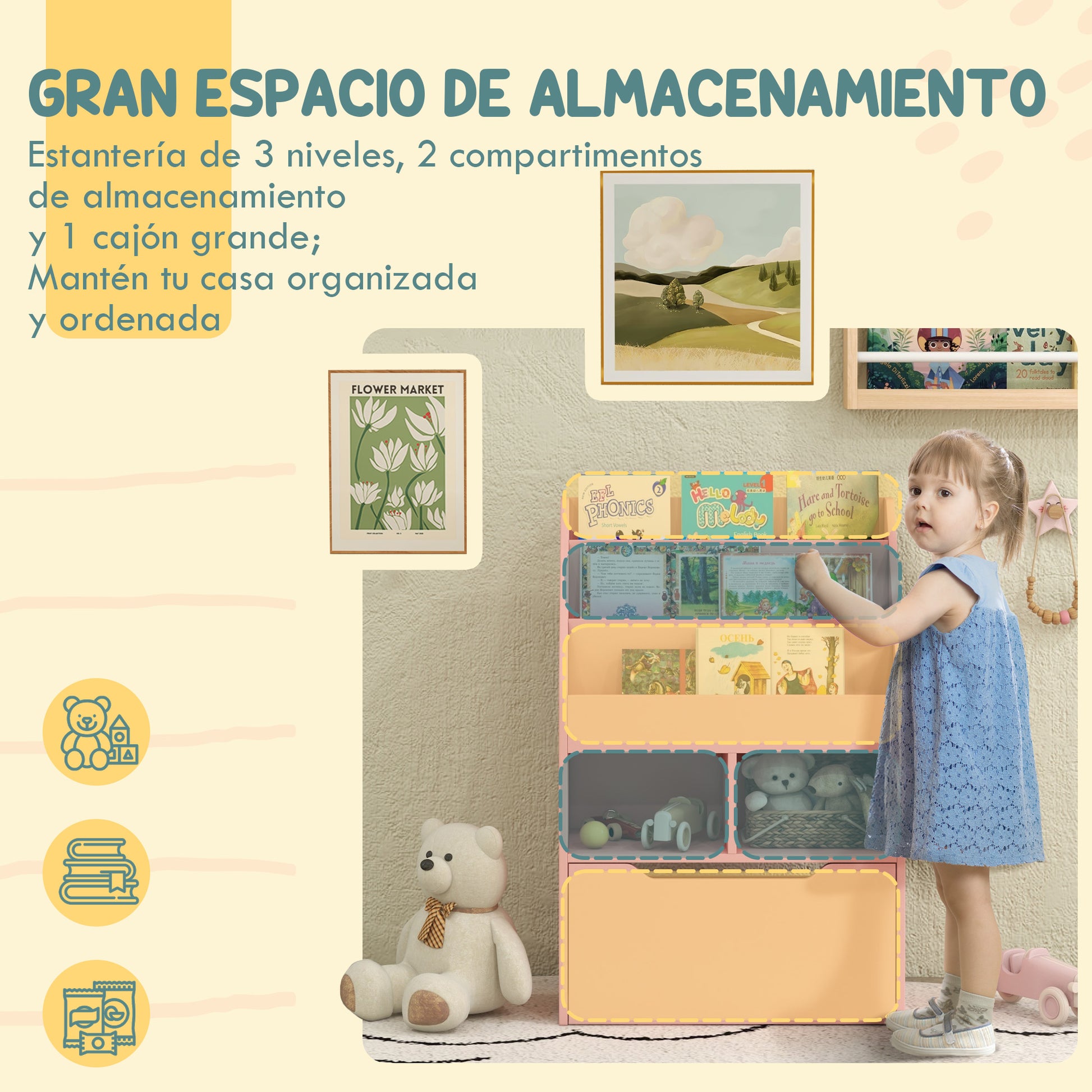 Children's Wooden Shelf with 3 Compartments, 2 Cubes, and Mobile Drawer with 4 Wheels Kids' Bookcase for Children's Room Playroom 23.6x11.8x35.4 inches Pink