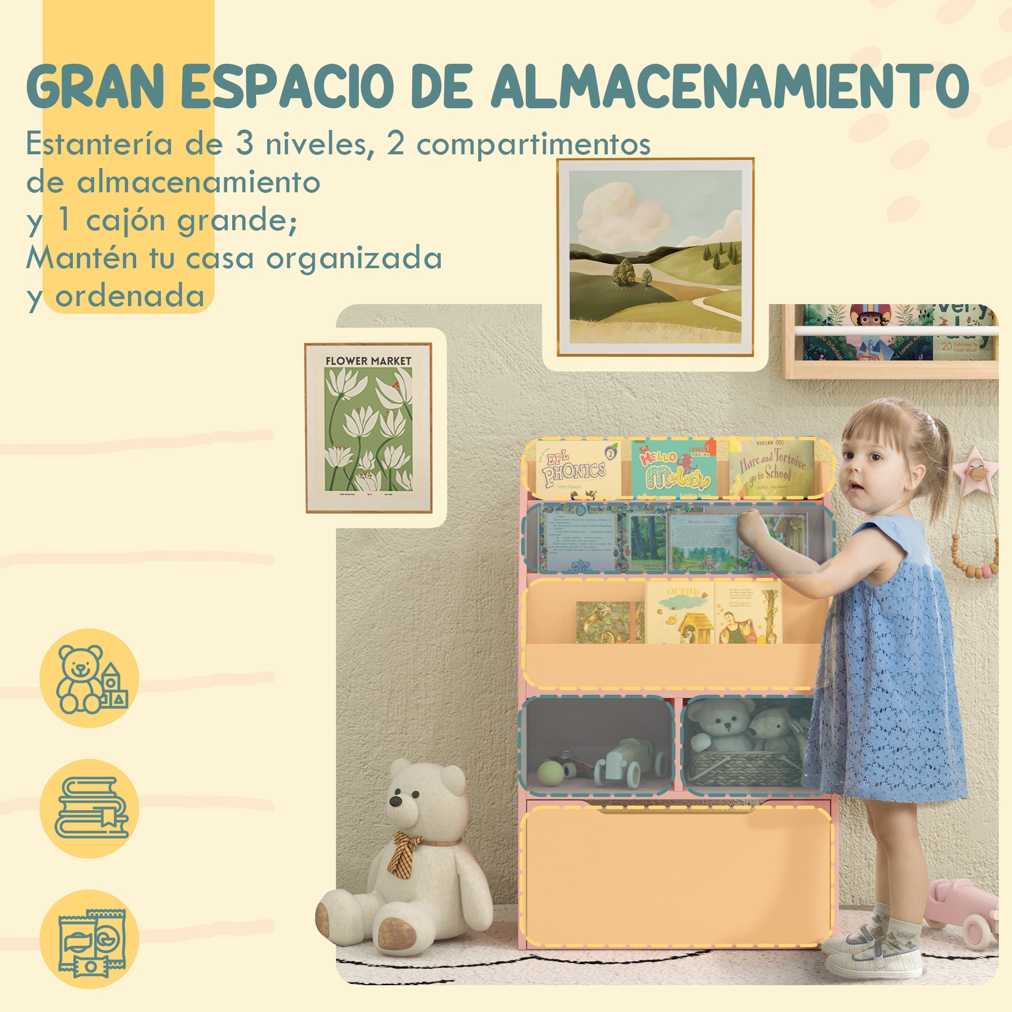 Children's Wooden Shelf with 3 Compartments, 2 Cubes, and Mobile Drawer with 4 Wheels Kids' Bookcase for Children's Room Playroom 23.6x11.8x35.4 inches Pink