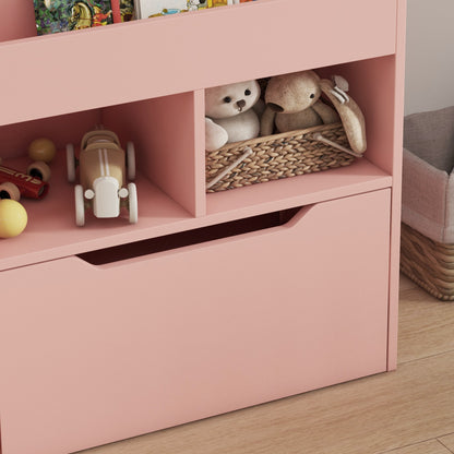 Children's Wooden Shelf with 3 Compartments, 2 Cubes, and Mobile Drawer with 4 Wheels Kids' Bookcase for Children's Room Playroom 23.6x11.8x35.4 inches Pink