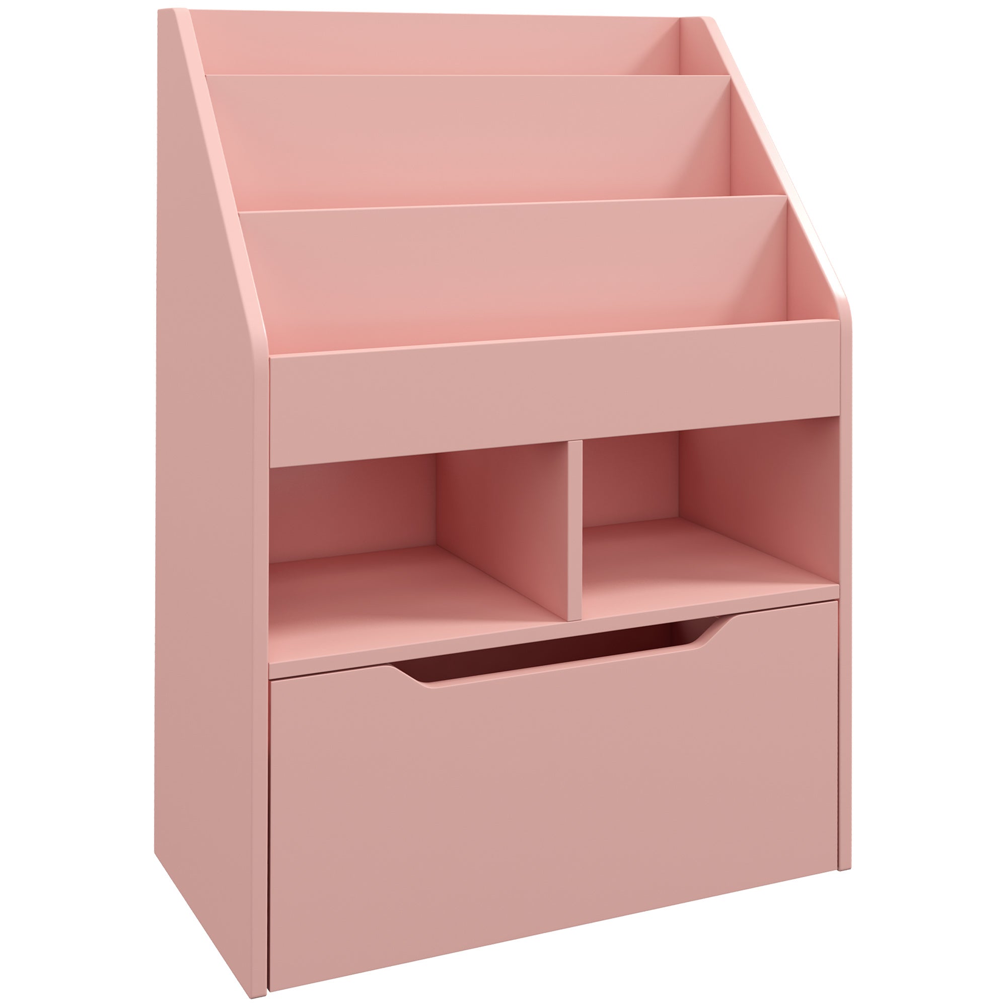 Children's Wooden Shelf with 3 Compartments, 2 Cubes, and Mobile Drawer with 4 Wheels Kids' Bookcase for Children's Room Playroom 23.6x11.8x35.4 inches Pink