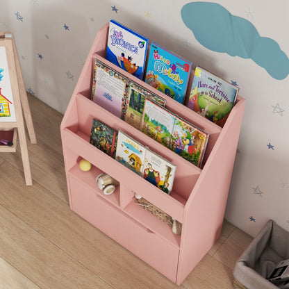 Children's Wooden Shelf with 3 Compartments, 2 Cubes, and Mobile Drawer with 4 Wheels Kids' Bookcase for Children's Room Playroom 23.6x11.8x35.4 inches Pink