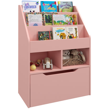 Children's Wooden Shelf with 3 Compartments, 2 Cubes, and Mobile Drawer with 4 Wheels Kids' Bookcase for Children's Room Playroom 23.6x11.8x35.4 inches Pink