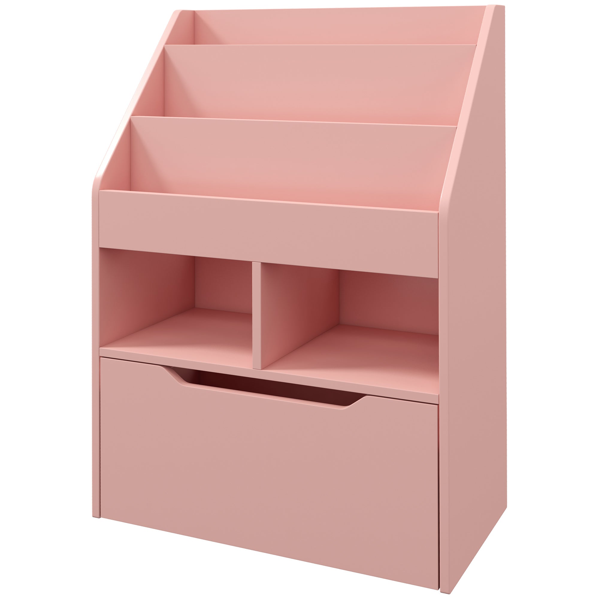 Children's Wooden Shelf with 3 Compartments, 2 Cubes, and Mobile Drawer with 4 Wheels Kids' Bookcase for Children's Room Playroom 23.6x11.8x35.4 inches Pink