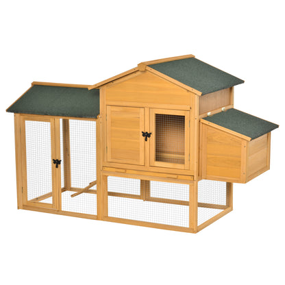 Chicken Coop with House and Open Area, Nest with Openable Roof and Wire Mesh, Yellow Wooden Chicken Coop, 168x75x103cm