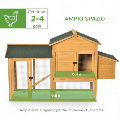 Chicken Coop with House and Open Area, Nest with Openable Roof and Wire Mesh, Yellow Wooden Chicken Coop, 168x75x103cm