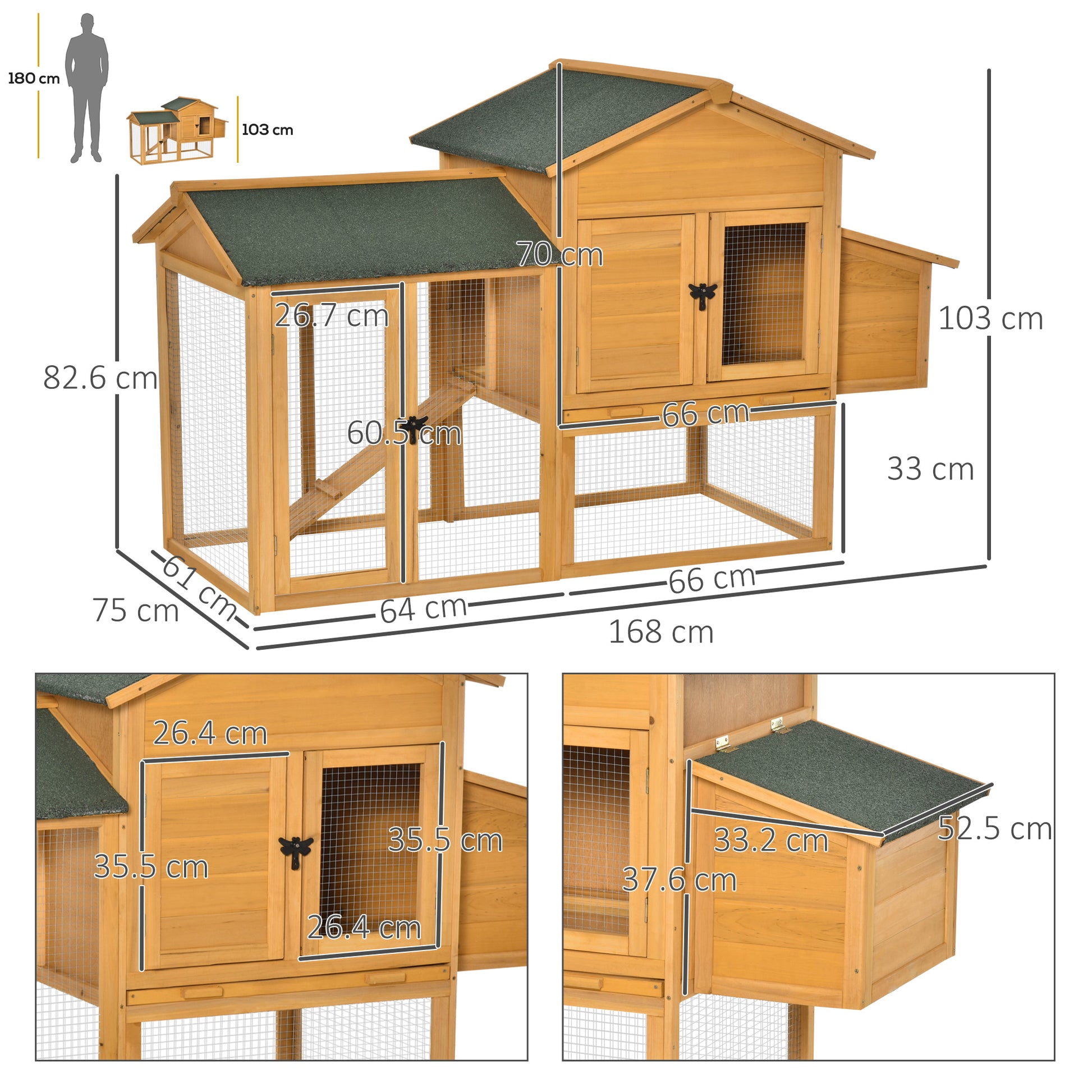 Chicken Coop with House and Open Area, Nest with Openable Roof and Wire Mesh, Yellow Wooden Chicken Coop, 168x75x103cm
