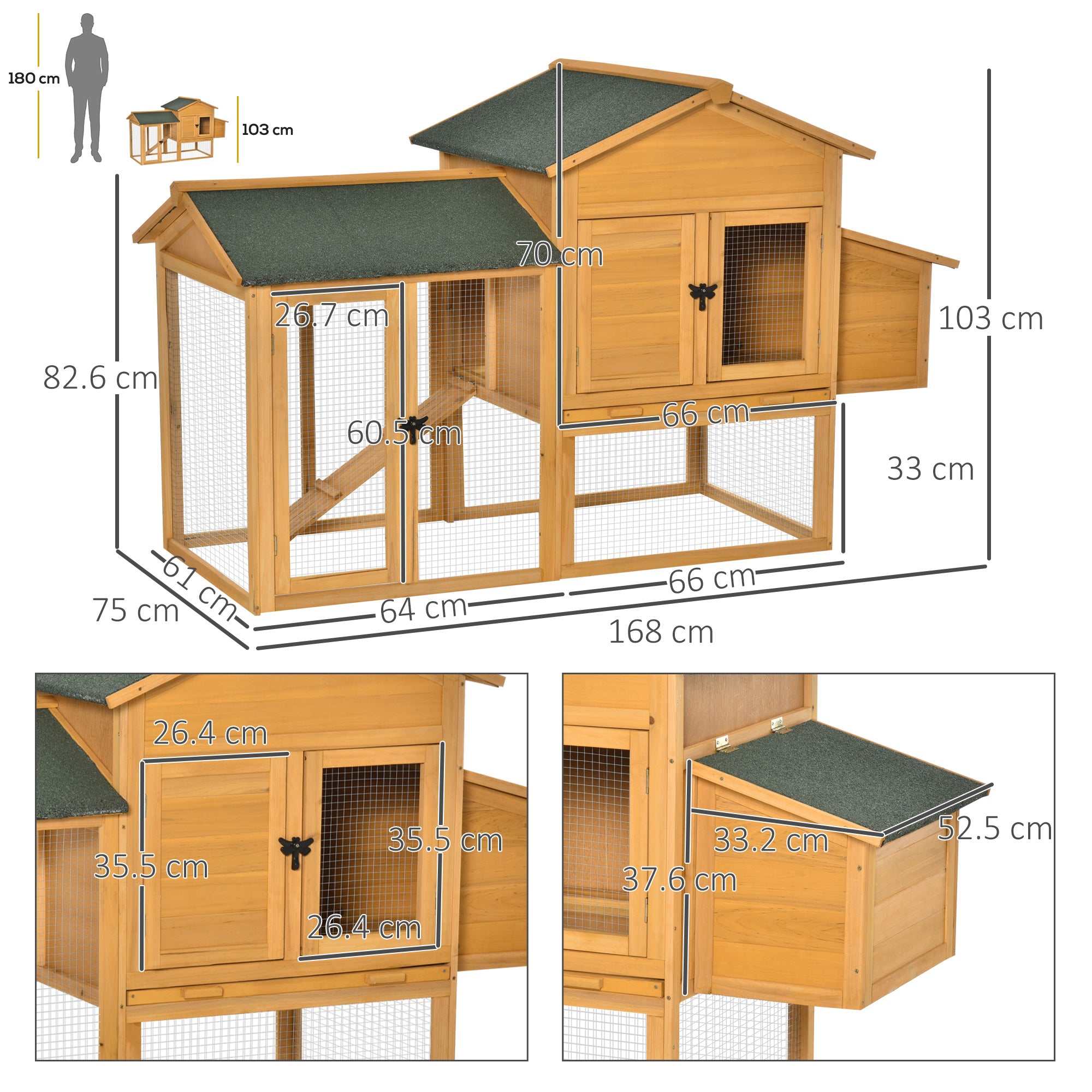 Chicken Coop with House and Open Area, Nest with Openable Roof and Wire Mesh, Yellow Wooden Chicken Coop, 168x75x103cm