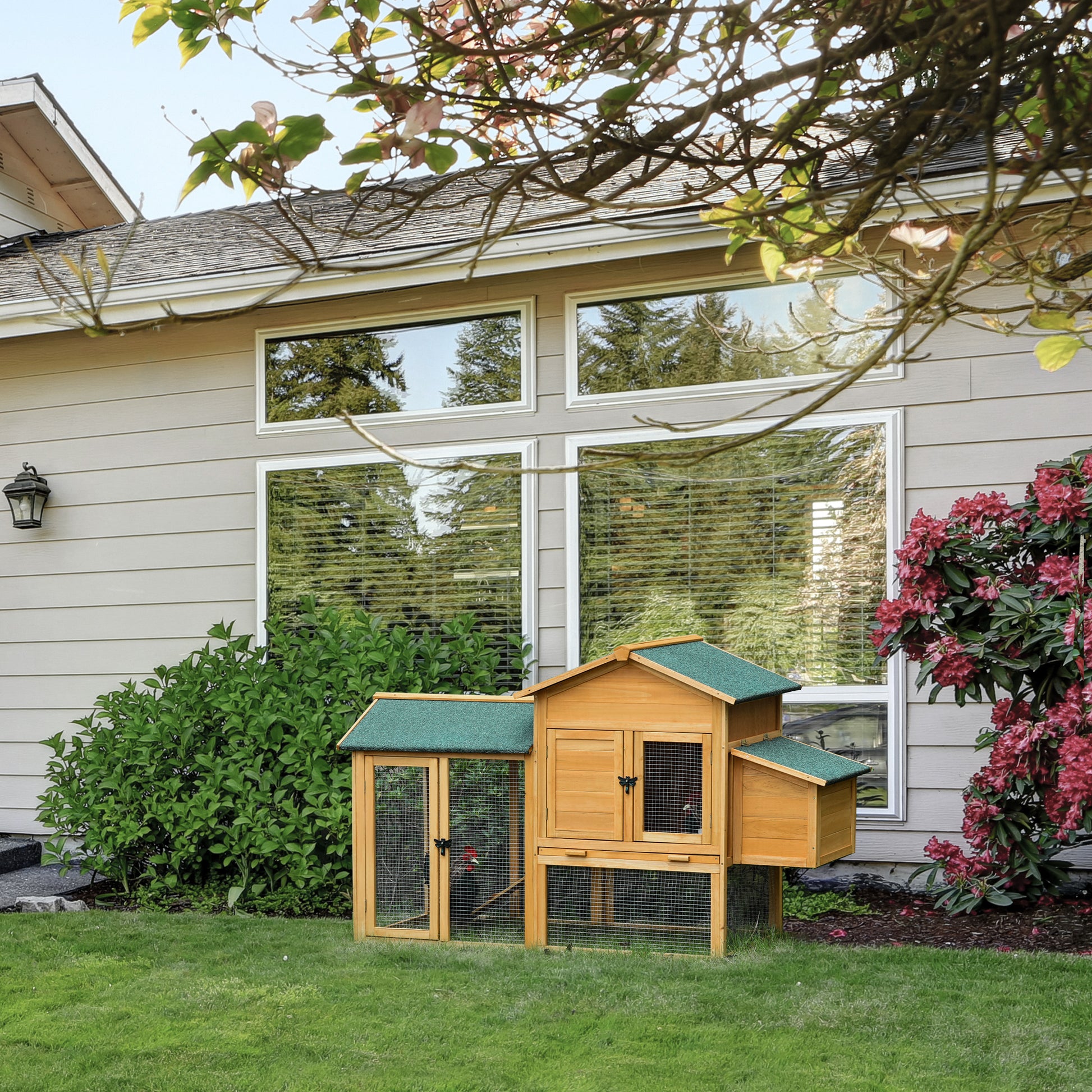Chicken Coop with House and Open Area, Nest with Openable Roof and Wire Mesh, Yellow Wooden Chicken Coop, 168x75x103cm
