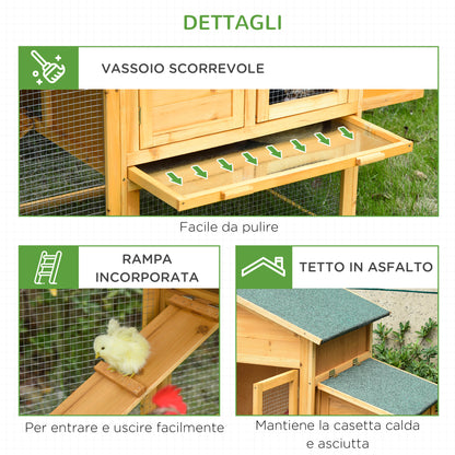 Chicken Coop with House and Open Area, Nest with Openable Roof and Wire Mesh, Yellow Wooden Chicken Coop, 168x75x103cm