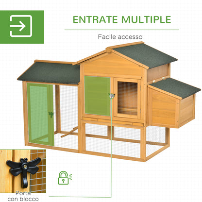 Chicken Coop with House and Open Area, Nest with Openable Roof and Wire Mesh, Yellow Wooden Chicken Coop, 168x75x103cm